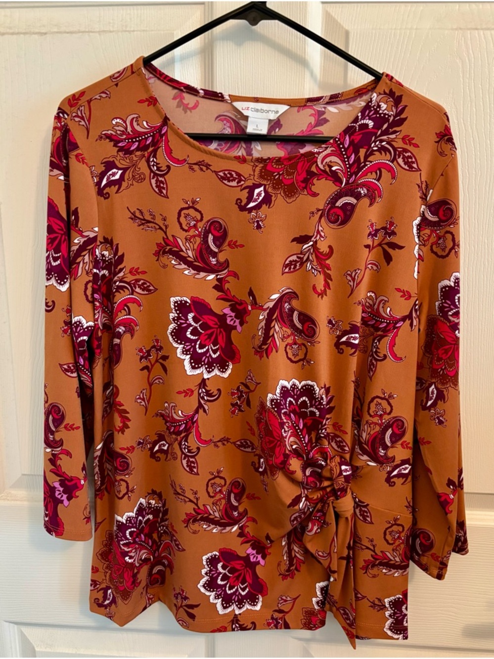 Liz Claiborne Burnt Orange Floral Tie-Side Long Sleeve Top